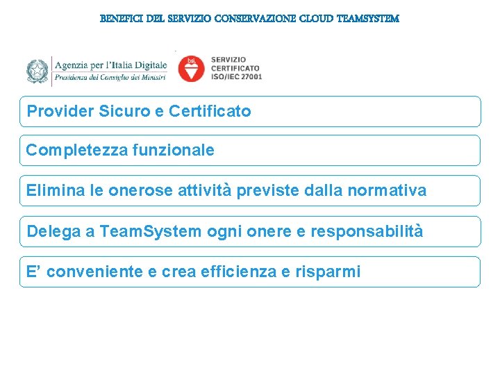 BENEFICI DEL SERVIZIO CONSERVAZIONE CLOUD TEAMSYSTEM Provider Sicuro e Certificato Completezza funzionale Elimina le