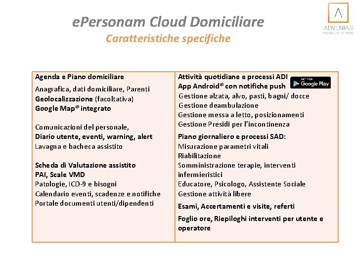 e. Personam Cloud Domiciliare Caratteristiche specifiche Agenda e Piano domiciliare Anagrafica, dati domiciliare, Parenti