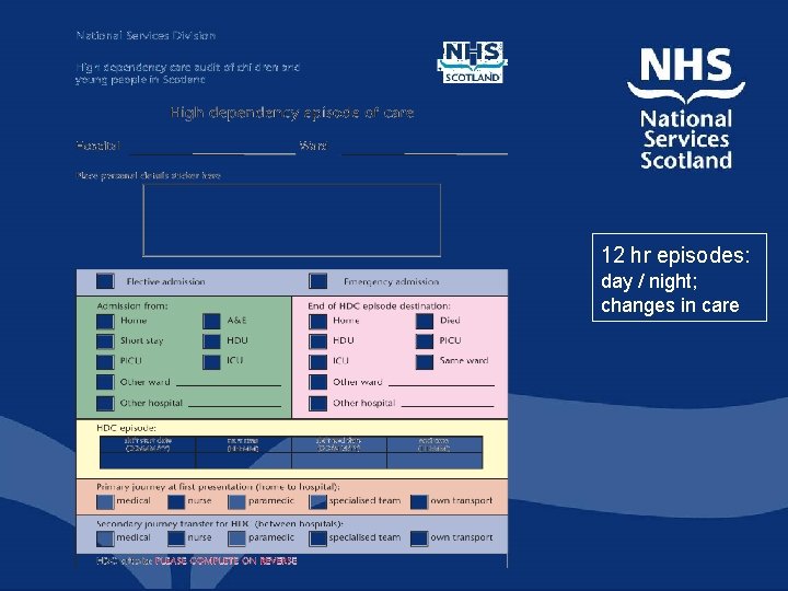 12 hr episodes: day / night; changes in care 12 hr episodes: day / night; changes in care