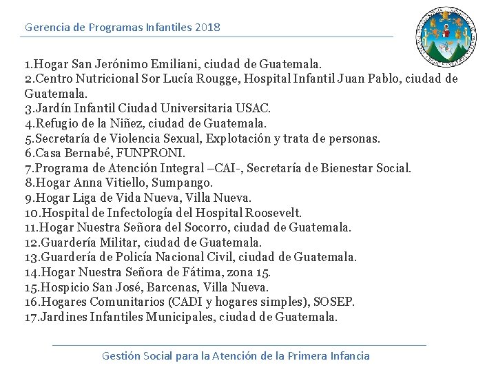 Gerencia de Programas Infantiles 2018 1. Hogar San Jerónimo Emiliani, ciudad de Guatemala. 2.