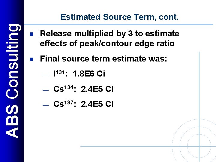 ABS Consulting Estimated Source Term, cont. n Release multiplied by 3 to estimate effects