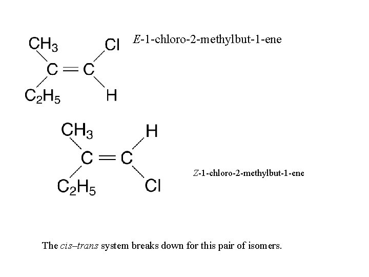 E-1 -chloro-2 -methylbut-1 -ene Z-1 -chloro-2 -methylbut-1 -ene The cis–trans system breaks down for