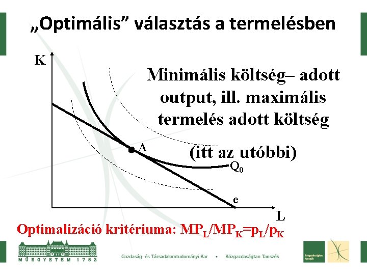 „Optimális” választás a termelésben K Minimális költség– adott output, ill. maximális termelés adott költség „Optimális” választás a termelésben K Minimális költség– adott output, ill. maximális termelés adott költség