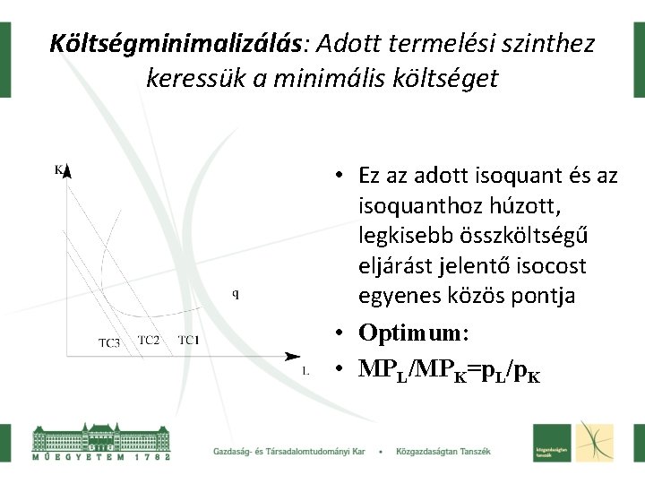 Költségminimalizálás: Adott termelési szinthez keressük a minimális költséget • Ez az adott isoquant és Költségminimalizálás: Adott termelési szinthez keressük a minimális költséget • Ez az adott isoquant és