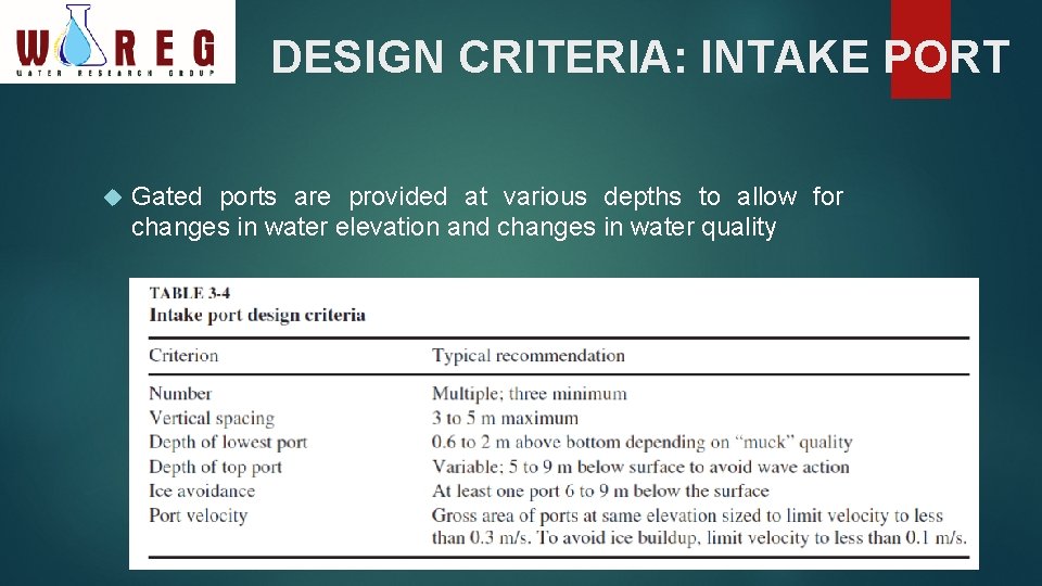 DESIGN CRITERIA: INTAKE PORT Gated ports are provided at various depths to allow for