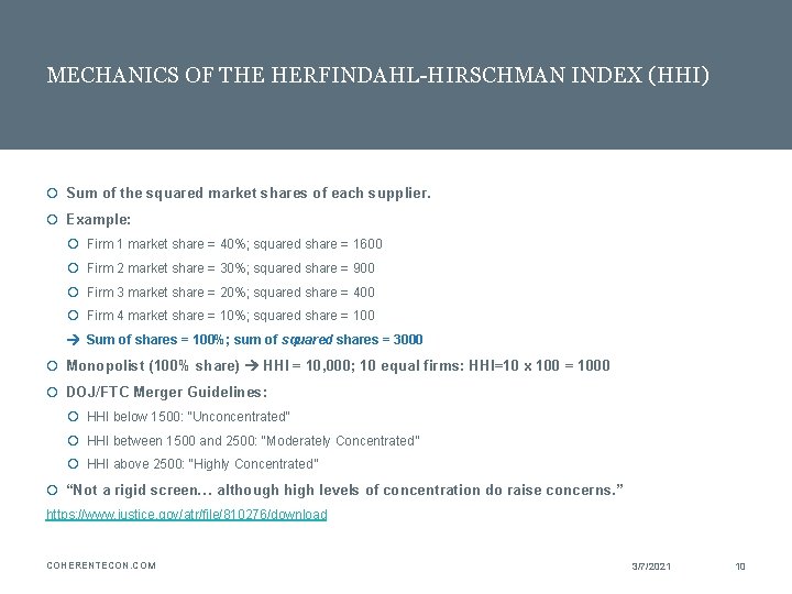 MECHANICS OF THE HERFINDAHL-HIRSCHMAN INDEX (HHI) Sum of the squared market shares of each