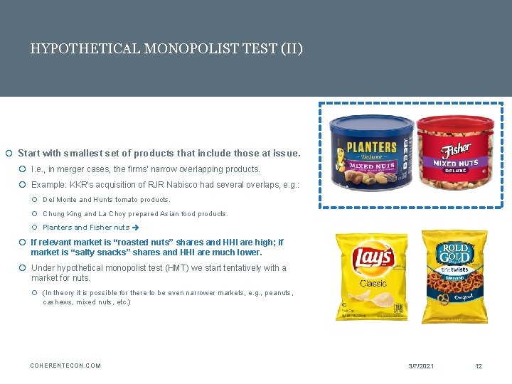 HYPOTHETICAL MONOPOLIST TEST (II) Start with smallest set of products that include those at