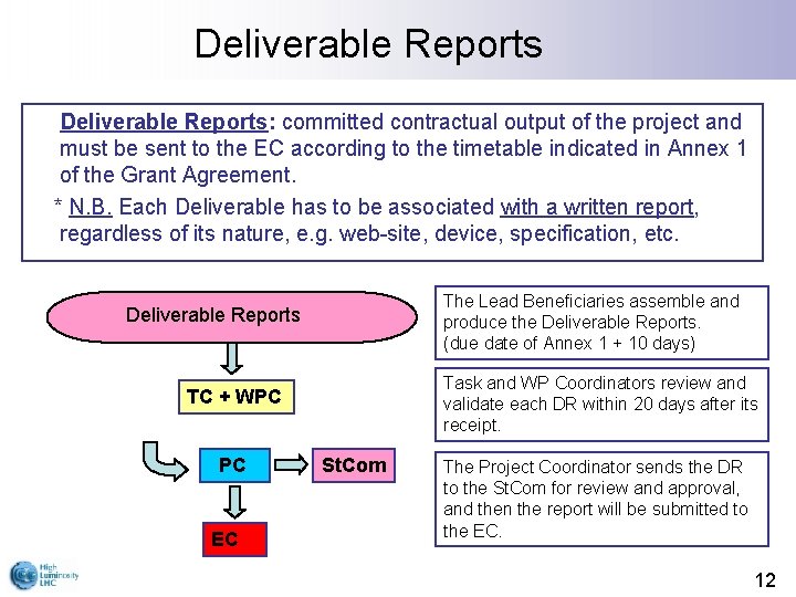 Deliverable Reports Deliverable Reports: committed contractual output of the project and must be sent