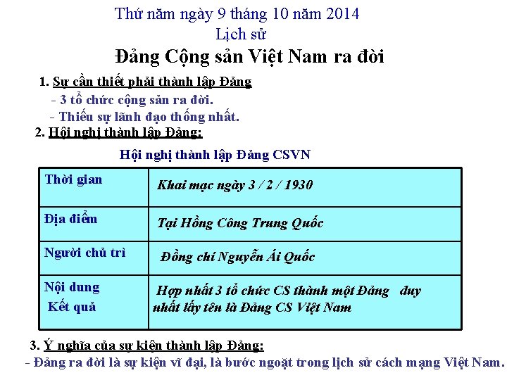 Thứ năm ngày 9 tháng 10 năm 2014 Lịch sử Đảng Cộng sản Việt