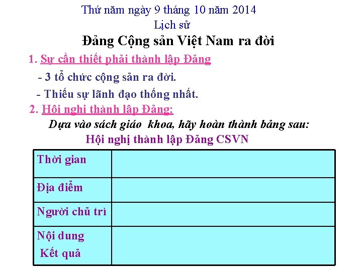 Thứ năm ngày 9 tháng 10 năm 2014 Lịch sử Đảng Cộng sản Việt