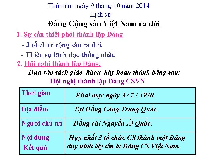 Thứ năm ngày 9 tháng 10 năm 2014 Lịch sử Đảng Cộng sản Việt