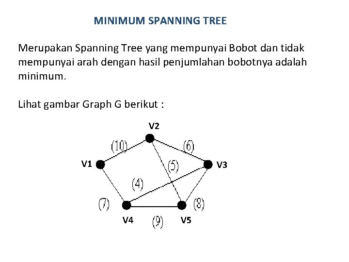 MINIMUM SPANNING TREE Merupakan Spanning Tree yang mempunyai Bobot dan tidak mempunyai arah dengan