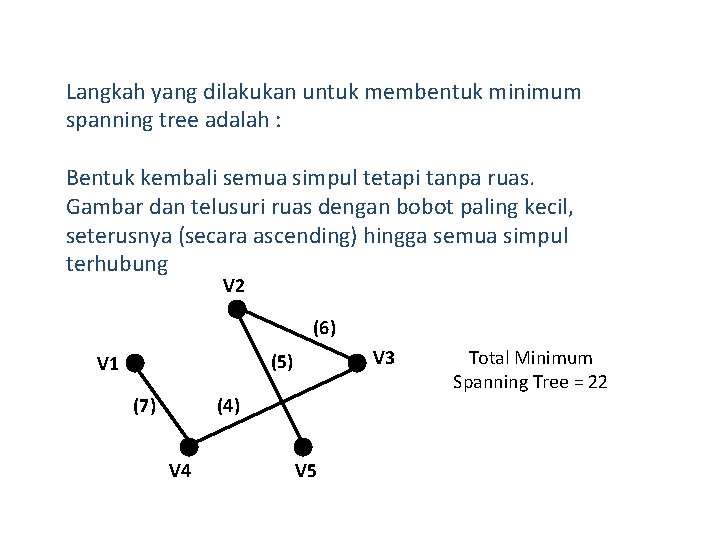 Langkah yang dilakukan untuk membentuk minimum spanning tree adalah : Bentuk kembali semua simpul