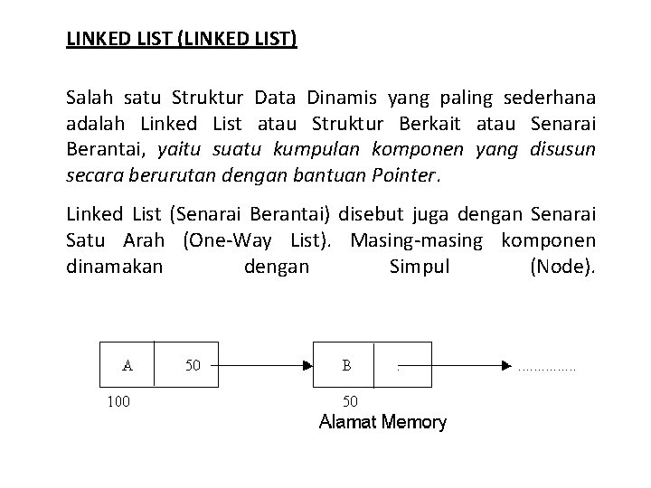 LINKED LIST (LINKED LIST) Salah satu Struktur Data Dinamis yang paling sederhana adalah Linked