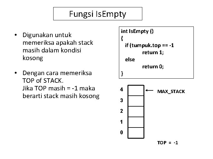 Fungsi Is. Empty • Digunakan untuk memeriksa apakah stack masih dalam kondisi kosong •