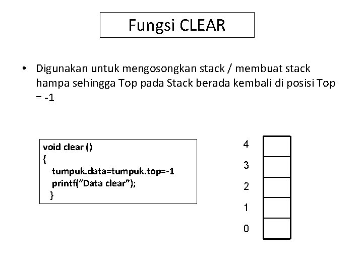 Fungsi CLEAR • Digunakan untuk mengosongkan stack / membuat stack hampa sehingga Top pada