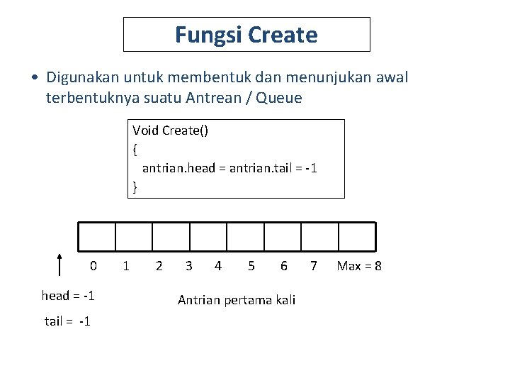 Fungsi Create • Digunakan untuk membentuk dan menunjukan awal terbentuknya suatu Antrean / Queue