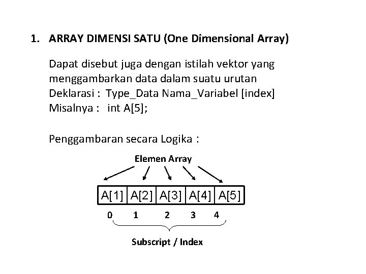 1. ARRAY DIMENSI SATU (One Dimensional Array) Dapat disebut juga dengan istilah vektor yang