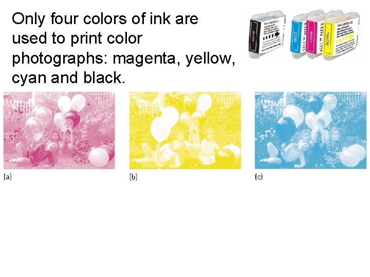 Only four colors of ink are used to print color photographs: magenta, yellow, cyan