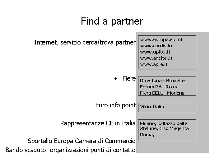 Find a partner Internet, servizio cerca/trova partner • Fiere Euro info point Rappresentanze CE