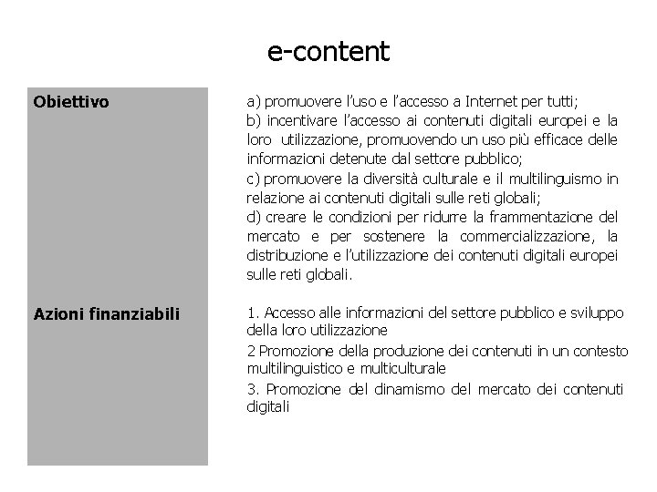 e-content Obiettivo a) promuovere l’uso e l’accesso a Internet per tutti; b) incentivare l’accesso