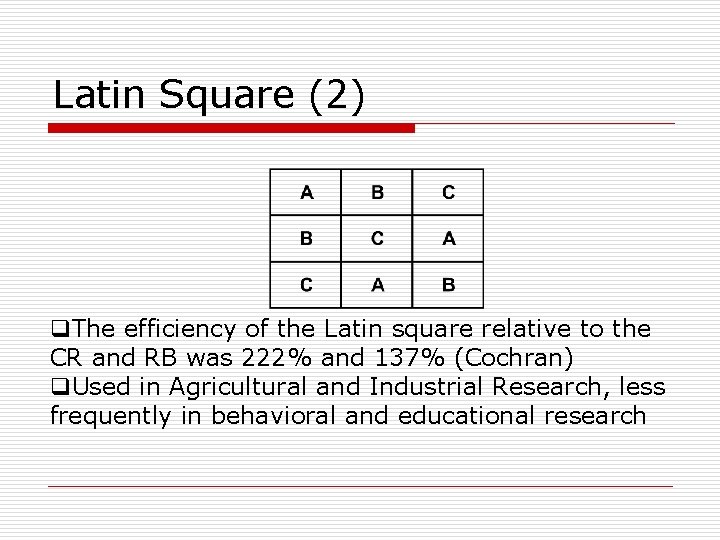 Latin Square (2) q. The efficiency of the Latin square relative to the CR