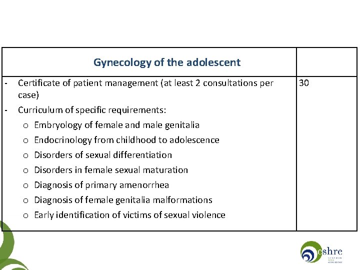 Gynecology of the adolescent - Certificate of patient management (at least 2 consultations per