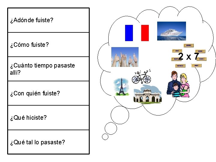 ¿Adónde fuiste? ¿Cómo fuiste? 2 x 7 ¿Cuánto tiempo pasaste allí? ¿Con quién fuiste?