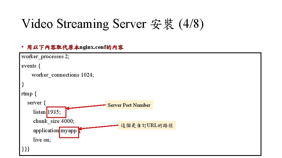 Video Streaming Server 安裝 (4/8) • 用以下內容取代原本nginx. conf的內容 worker_processes 2; events { worker_connections 1024;