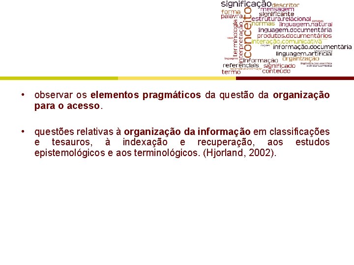  • observar os elementos pragmáticos da questão da organização para o acesso. •