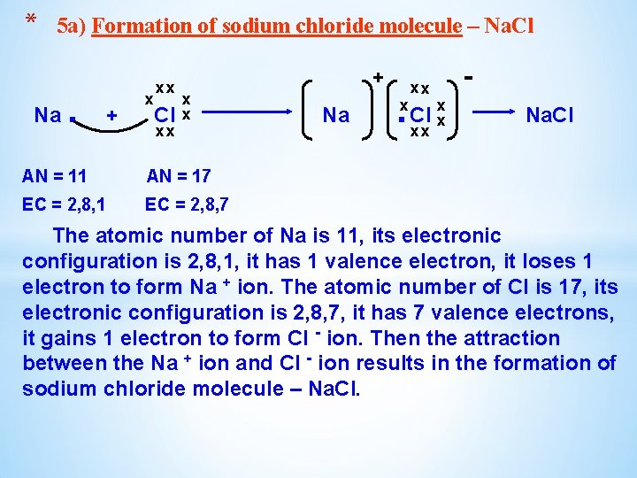 * 5 a) Formation of sodium chloride molecule – Na. Cl Na . +