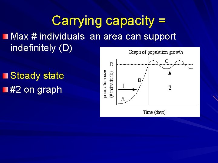 Carrying capacity = Max # individuals an area can support indefinitely (D) Steady state