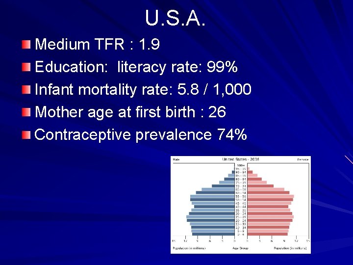 U. S. A. Medium TFR : 1. 9 Education: literacy rate: 99% Education: Infant