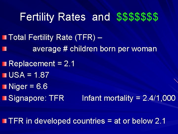 Fertility Rates and $$$$$$$ Total Fertility Rate (TFR) – average # children born per