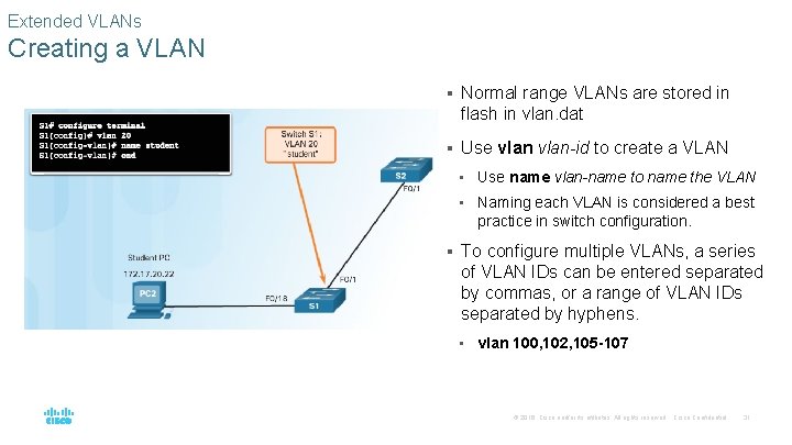 Extended VLANs Creating a VLAN § Normal range VLANs are stored in flash in