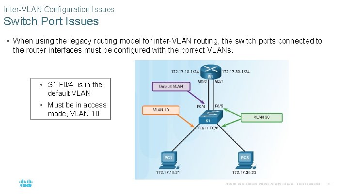 Inter-VLAN Configuration Issues Switch Port Issues § When using the legacy routing model for