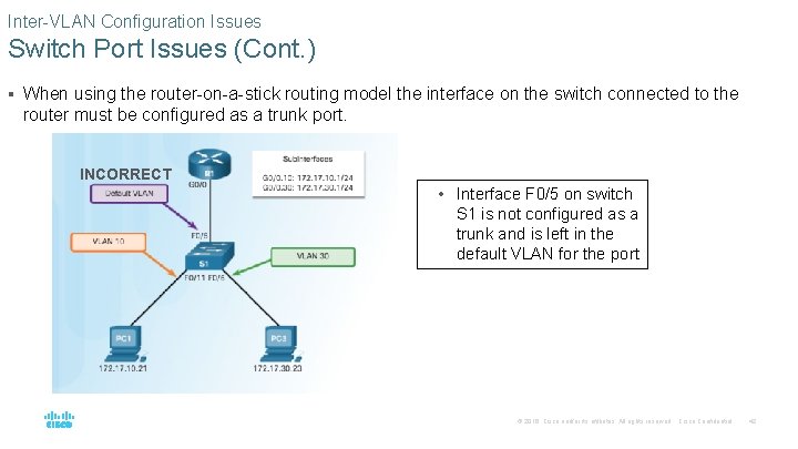 Inter-VLAN Configuration Issues Switch Port Issues (Cont. ) § When using the router-on-a-stick routing