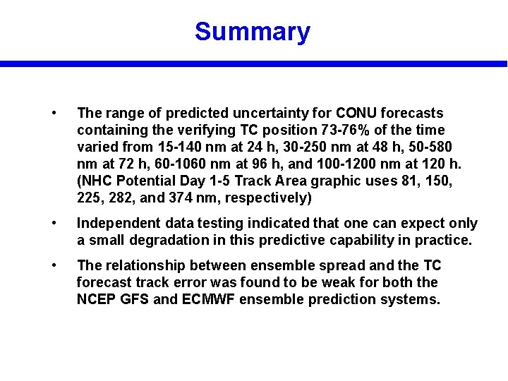 Summary • The range of predicted uncertainty for CONU forecasts containing the verifying TC