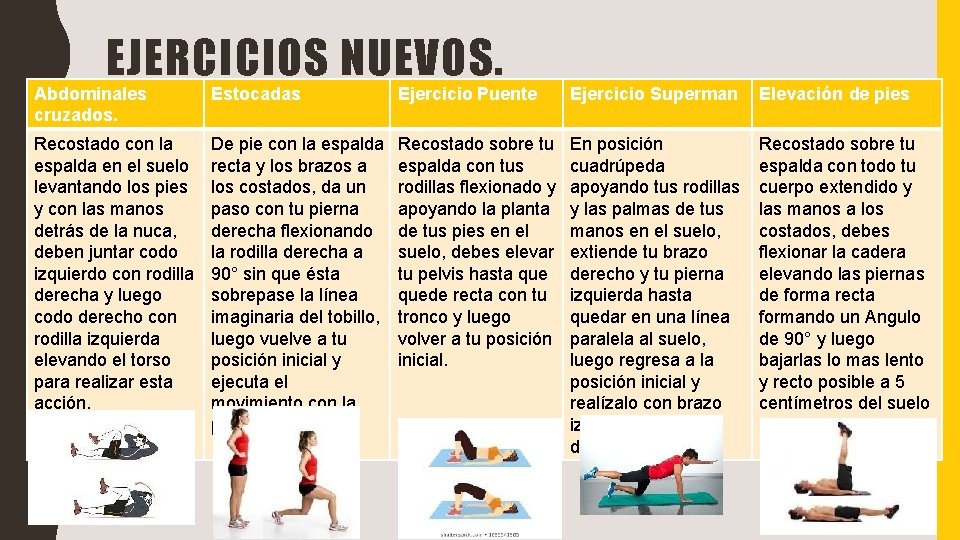 EJERCICIOS NUEVOS. Abdominales cruzados. Estocadas Ejercicio Puente Ejercicio Superman Elevación de pies Recostado con EJERCICIOS NUEVOS. Abdominales cruzados. Estocadas Ejercicio Puente Ejercicio Superman Elevación de pies Recostado con