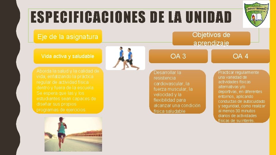 ESPECIFICACIONES DE LA UNIDAD Objetivos de aprendizaje Eje de la asignatura Vida activa y ESPECIFICACIONES DE LA UNIDAD Objetivos de aprendizaje Eje de la asignatura Vida activa y