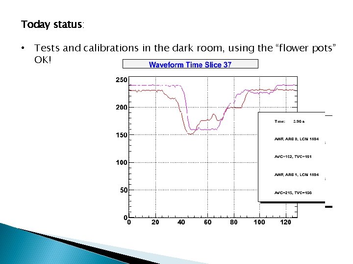 Today status: • Tests and calibrations in the dark room, using the “flower pots”