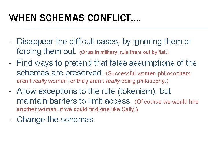 WHEN SCHEMAS CONFLICT…. • • Disappear the difficult cases, by ignoring them or forcing