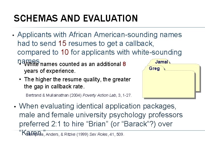 SCHEMAS AND EVALUATION • Applicants with African American-sounding names had to send 15 resumes