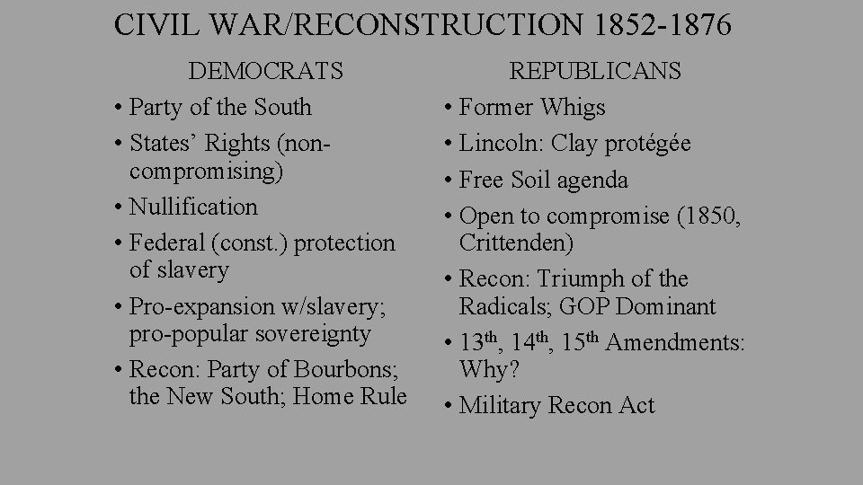 CIVIL WAR/RECONSTRUCTION 1852 -1876 DEMOCRATS • Party of the South • States’ Rights (noncompromising)