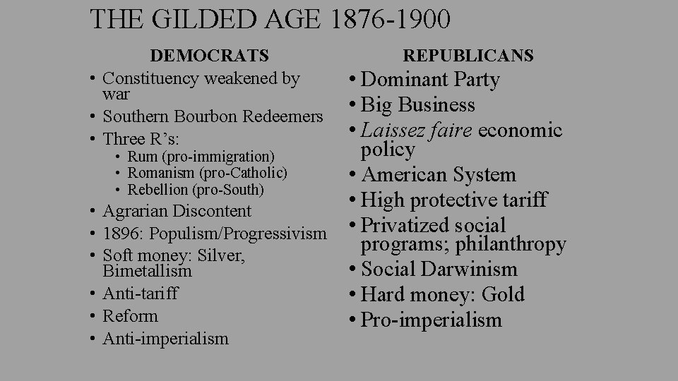 THE GILDED AGE 1876 -1900 DEMOCRATS • Constituency weakened by war • Southern Bourbon