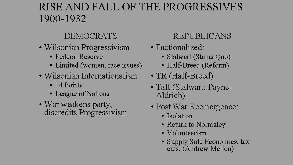 RISE AND FALL OF THE PROGRESSIVES 1900 -1932 DEMOCRATS • Wilsonian Progressivism • Federal