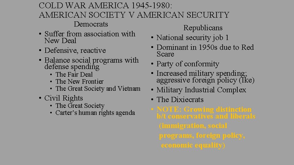 COLD WAR AMERICA 1945 -1980: AMERICAN SOCIETY V AMERICAN SECURITY Democrats • Suffer from