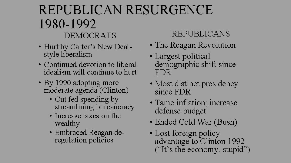 REPUBLICAN RESURGENCE 1980 -1992 DEMOCRATS • Hurt by Carter’s New Dealstyle liberalism • Continued