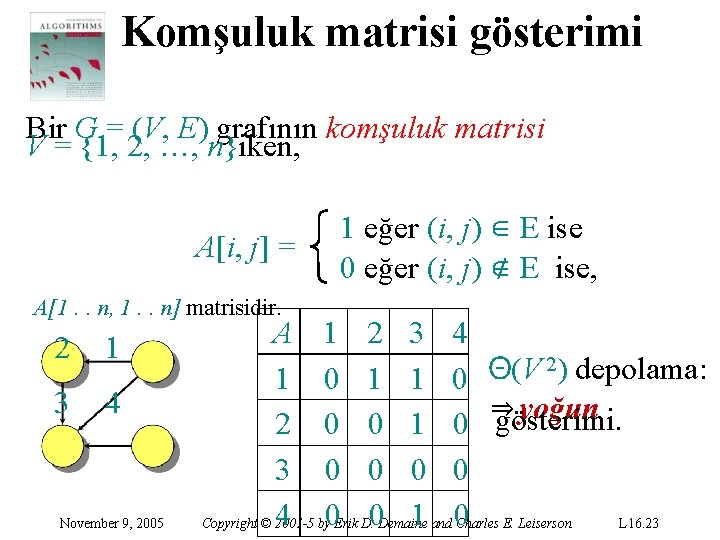 Komşuluk matrisi gösterimi Bir G = (V, E) grafının komşuluk matrisi V = {1,