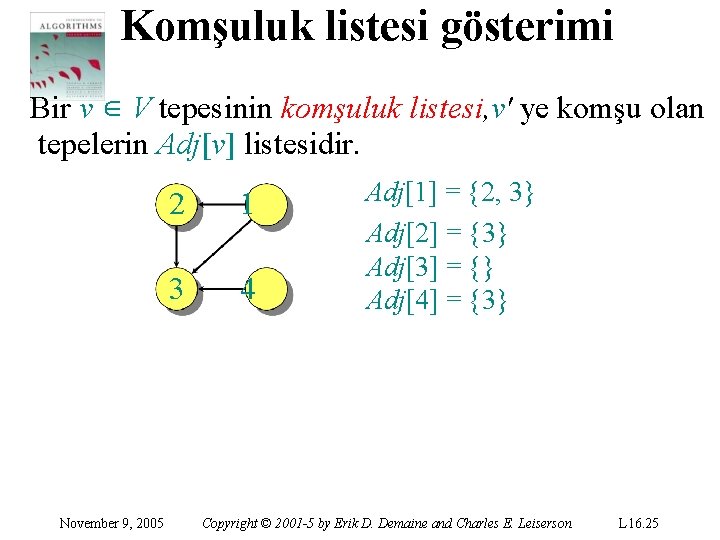 Komşuluk listesi gösterimi Bir v ∈ V tepesinin komşuluk listesi, v' ye komşu olan